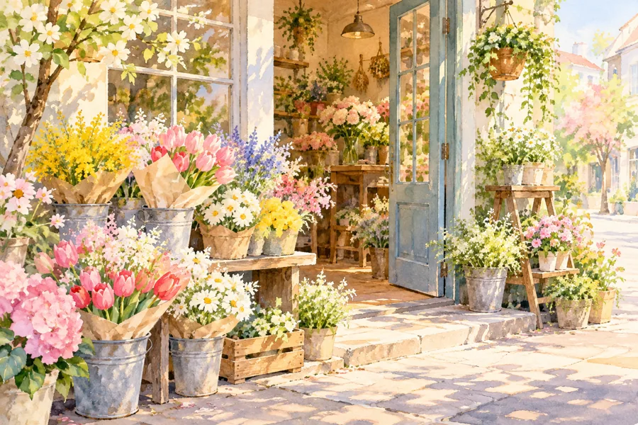 生成AIで作った、春の花屋の店先を描く水彩画風イラスト