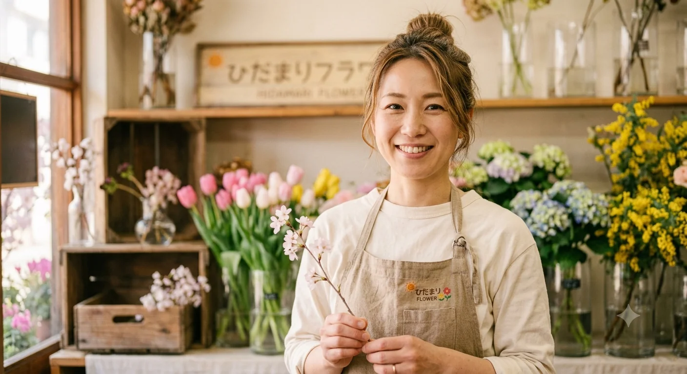 花に囲まれて店頭に立つ、ひだまりフラワーの店主 春野咲良