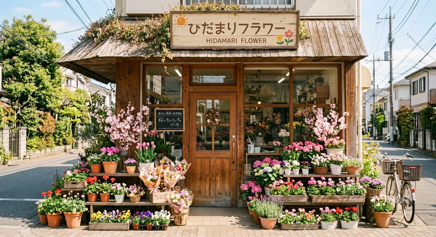 花に囲まれた、ひだまりフラワーの店先