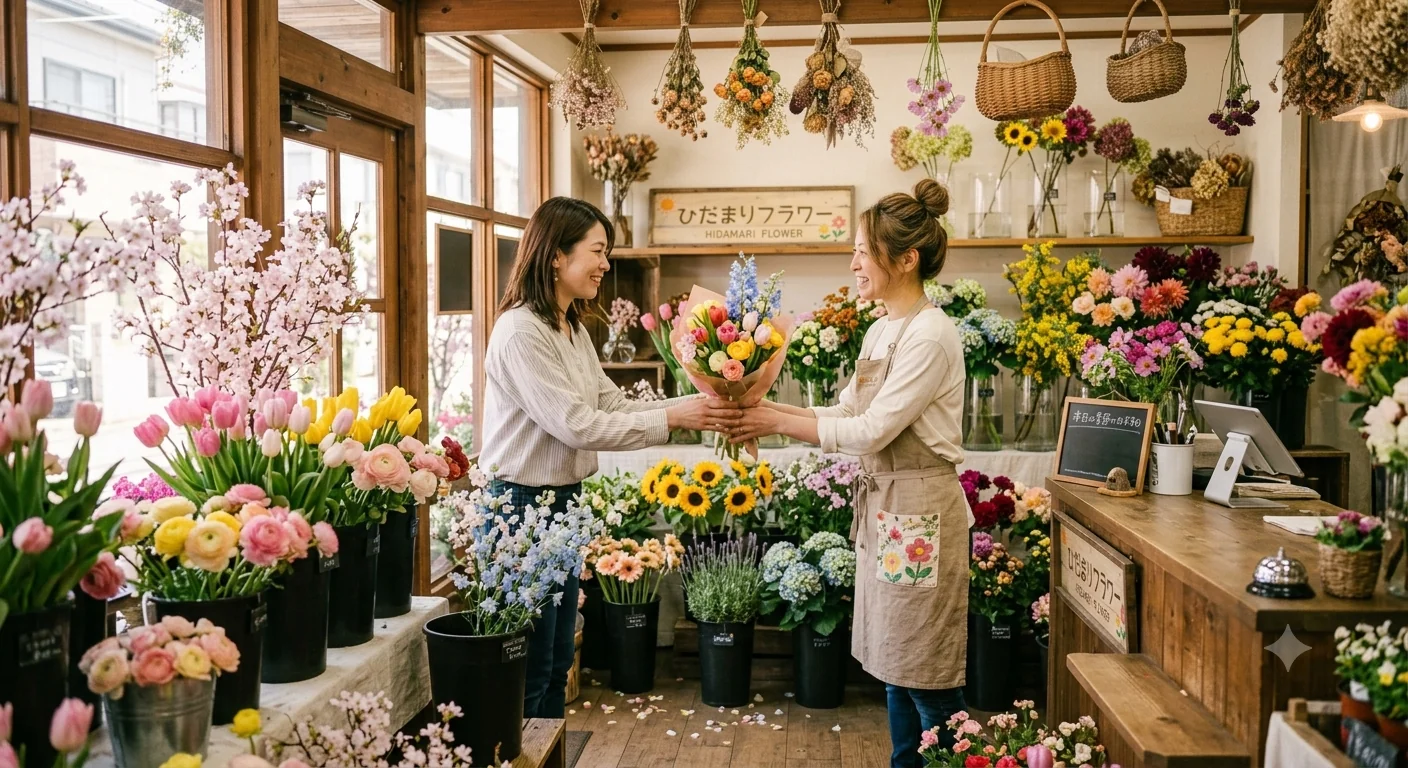 季節の花が並ぶ、ひだまりフラワーの店内